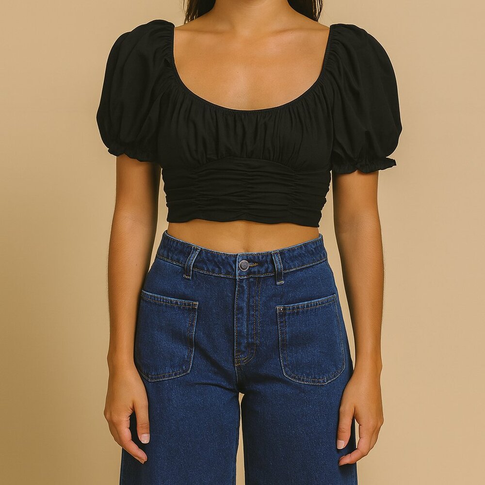 Princess Polly Cropped Puff Sleeve Top – Ruched Stretchy Cotton Blend Size 0